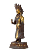Antiquated Brass Buddha with Ashtamangala Carving on His Robe 8.75"