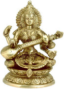 'Mata Saraswati Plays Veena' Brass Sculpture 9.25"