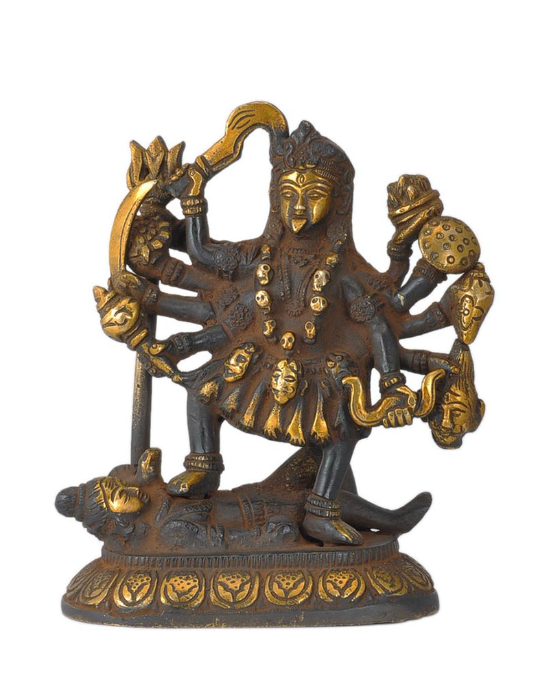 Goddess Mahakali Antiquated Brass Statue in Traditional Style 6"