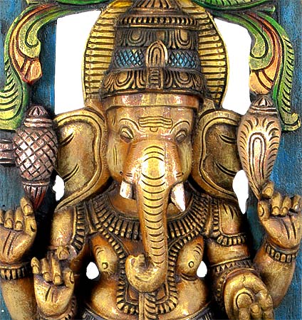 Ganesha Standing on Lotus - Painted Wood Sculpture