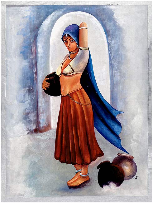 Lady with the Water Pot - Silk Painting