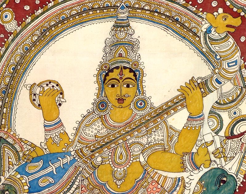 Goddess Saraswati Seated on Swan - Kalamkari Painting