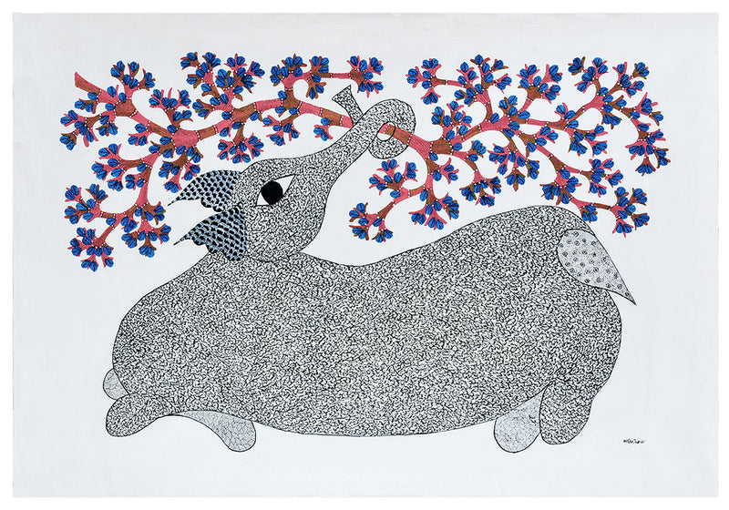 Baby Elephant in Playful Mood - Gond Painting