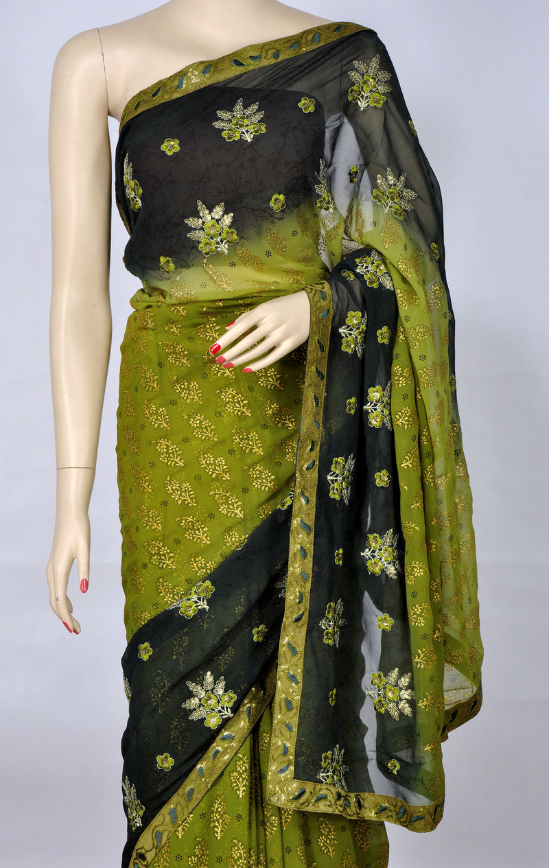 Olive Bottle Green Saree with Sequins and Thread Work