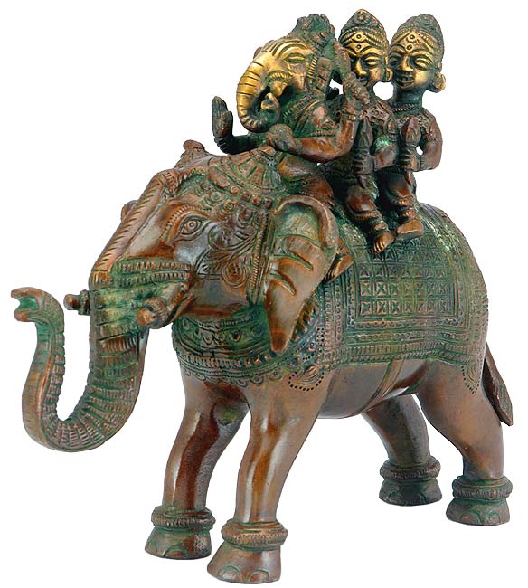 "Ganesha with Riddhi & Siddhi" Brass Sculpture