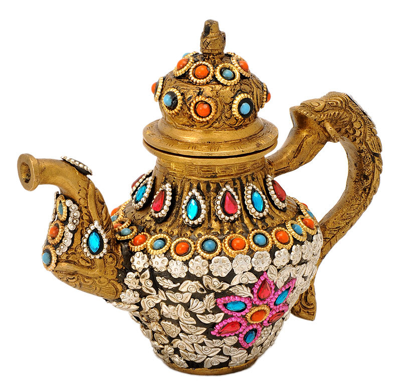 Decorative Kettle with Floral Carving & Bead Work