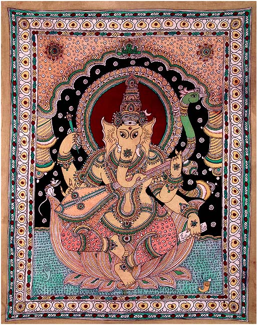 Lord Ganesha as Veena Vadak - Kalamkari Painting