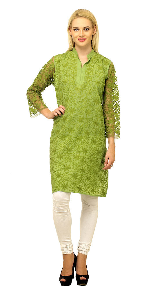 Cool Olive Green Embroidered Cotton Kurti