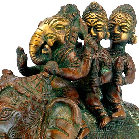 "Ganesha with Riddhi & Siddhi" Brass Sculpture