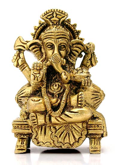 Ganesha Seated on Chowki - Brass Statue