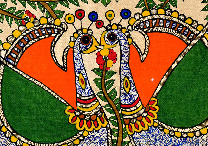 Madhubani Painting 'Flirting Peacocks'