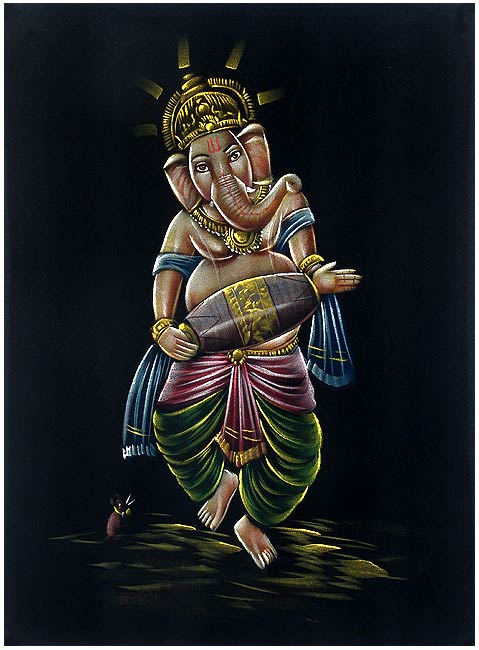 Ganesha Playing Dholak - Velvet Painting
