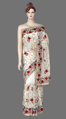 Cream Saree with Embroidered Flowers and Sequins All-Over