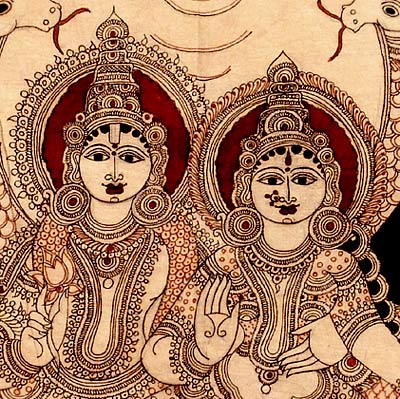 Vishnu Lakshmi Seated on Shesh Naga - Kalamkari Painting