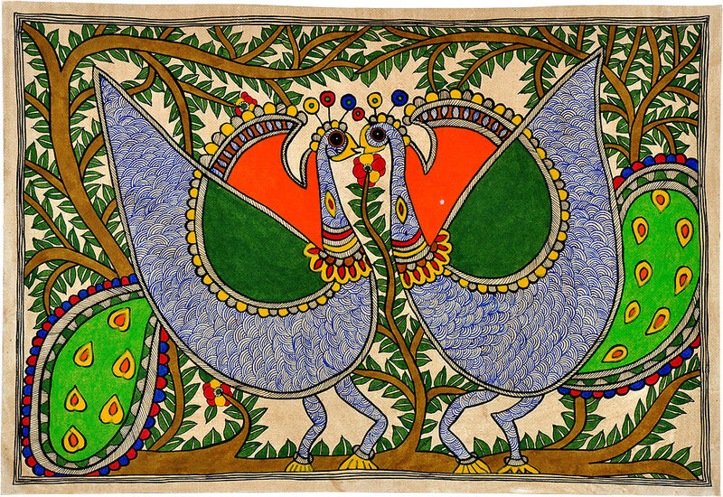 Madhubani Painting 'Flirting Peacocks'