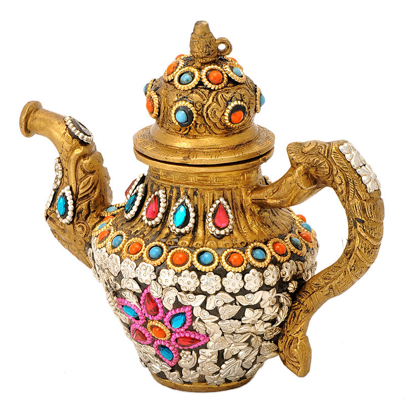 Decorative Kettle with Floral Carving & Bead Work