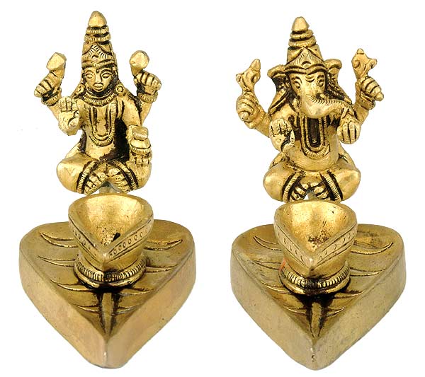 Laxmi Ganesha Brass Lamps for Temple