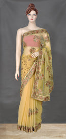 Elegant Beige Color Net Sari with Bootis and Embroidery Work