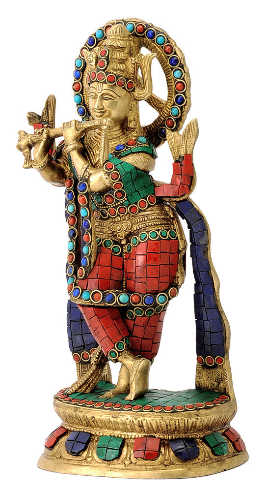 Brass Sculpture of Lord Venugopal Krishna with Inlay Work