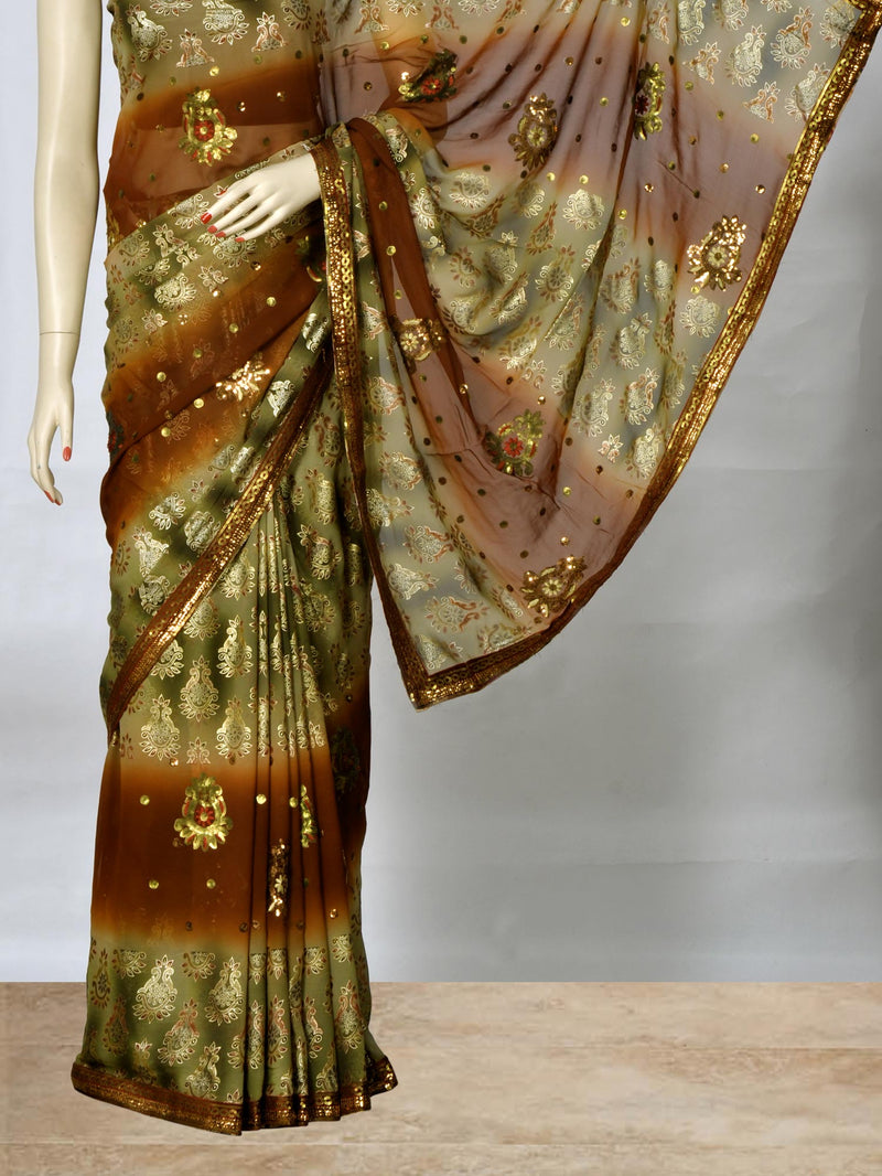 Rust and Green Saree with Sequins Work