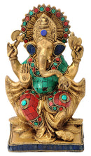 Beautiful Ganpati Turquoise Coral Brass Statue 8.30"