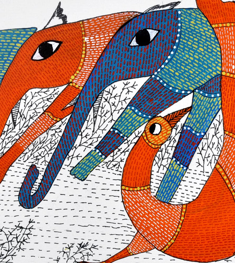 Gond Painting 'Bird and Elephants'
