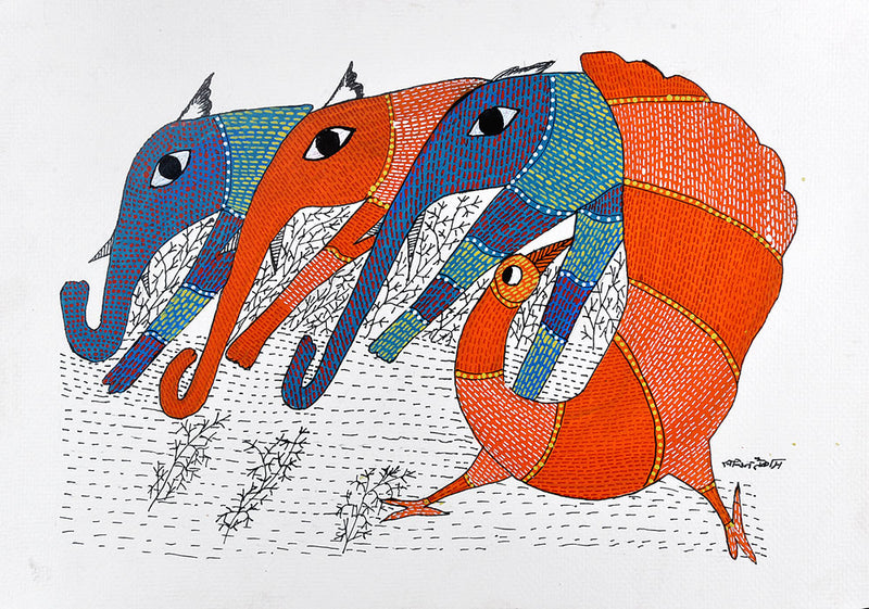Gond Painting 'Bird and Elephants'