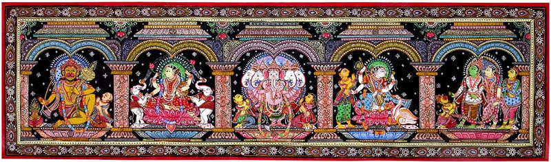 Ganesha, Lakshmi, Saraswati, Hanuman and Ram Darbar - Pata Painting