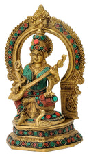 Devi Saraswati with Veena Brass Sculpture 9.75"
