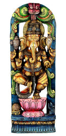 Ganesha Standing on Lotus - Painted Wood Sculpture