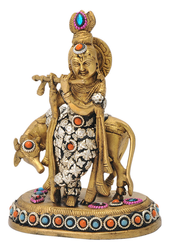 Gau Gopal Krishna Brass Statue 7.25"