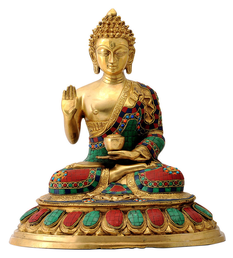 Blessing Buddha Statue with Multi Colored Stone Work