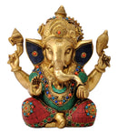 Benevolent God Ganpati Turquoise Coral Ornate Sculpture