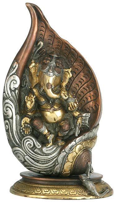 Lord Ganesha in Conch Shell - Brass Statue