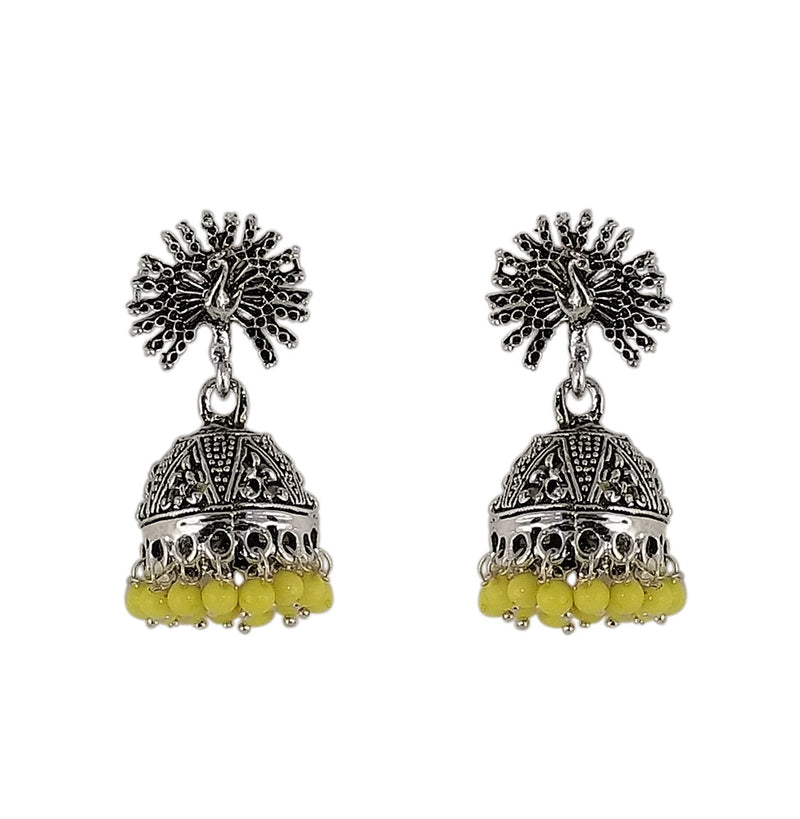 Yellow Beads Peacock Beautiful Indian Style Sliver Color Jhumki Earrings