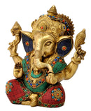 Benevolent God Ganpati Turquoise Coral Ornate Sculpture