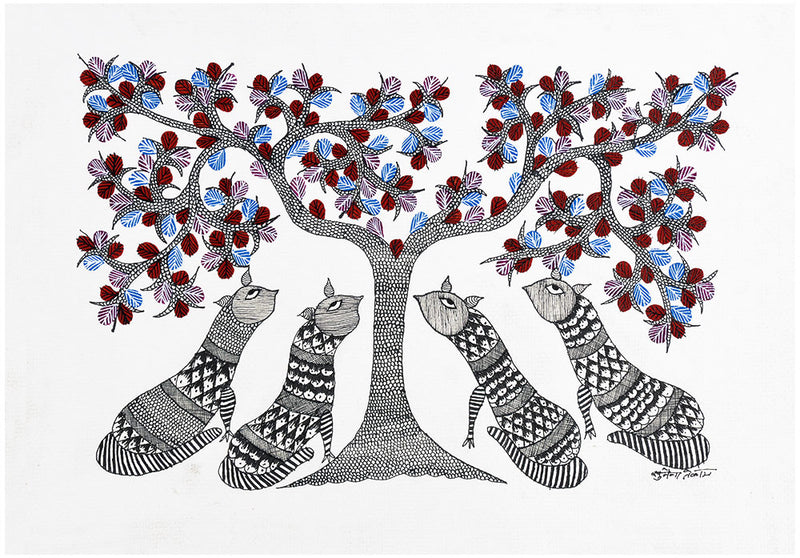 Big Cats Under the Tree - Gond Painting