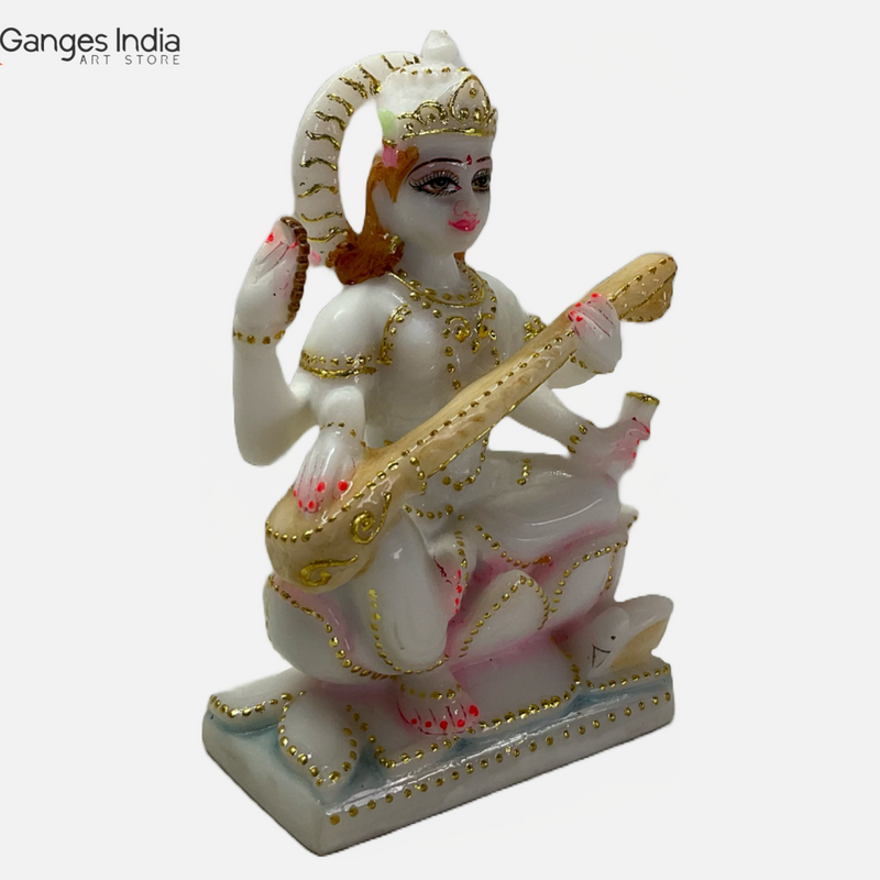 Goddess Saraswati Mata Sitting on Lotus; Polymarble