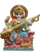 Goddess Saraswati idol sitting on lotus with small swan