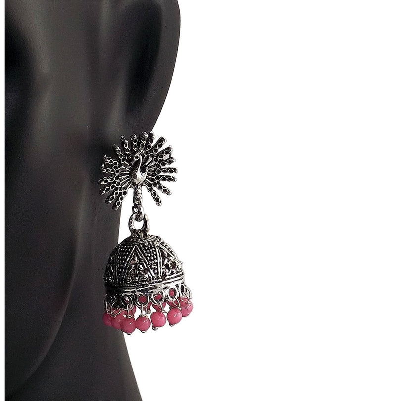 Pink Beads Peacock Beautiful Indian Style Sliver Color Jhumki Earrings