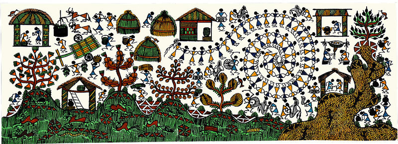 'Village Activities' Handmade Paper Painting