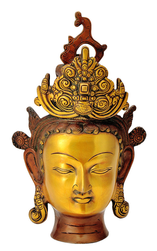 Auspicious Meditating Devi Tara Head Brass Figurine 11.75"