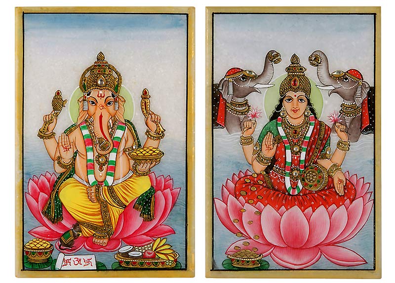 Laxmi & Ganesha - Set of 2 Marble Paintings