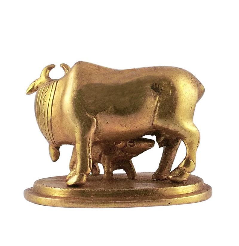 Motherly Cow Feeding Her Baby Calf - Brass Statue 3"