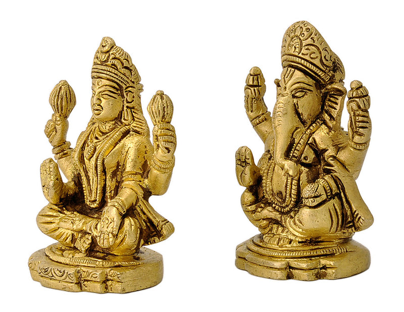 Miniature Pair of Brass Ganesha & Laxmi Figurine
