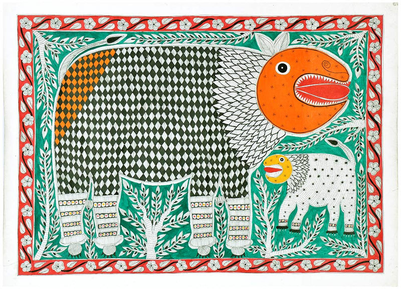 Lion and His Cub - Madhubani Painting