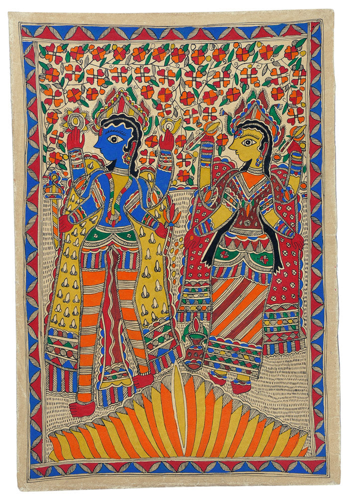 Sri Vishnu Lakshmi - Traditional Madhubani Painting