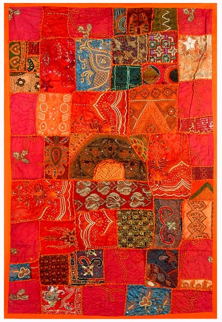 Old Sari Beaded Tapestry - Red Passion