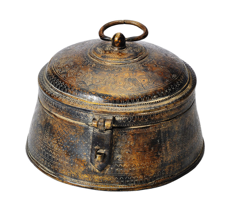 Antiquated Engraved Brass Hinged Treasure Chest