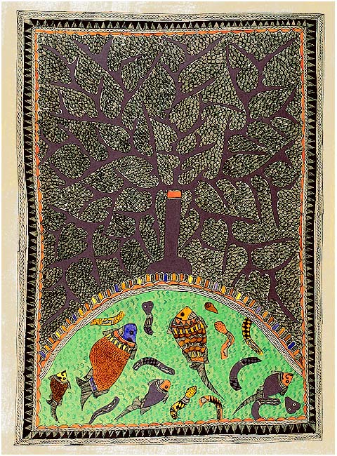 Village Pond - Mithila Art Painting
